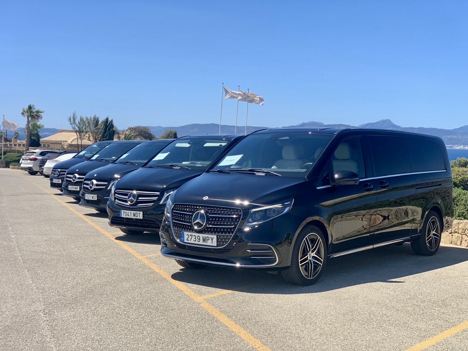 Mercedes V-Class vans of the VIP Services fleet lined up before a private day trip from Madrid